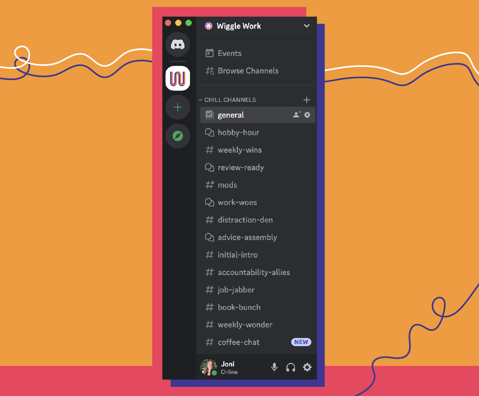 Screenshot of Wiggle Work Discord channels